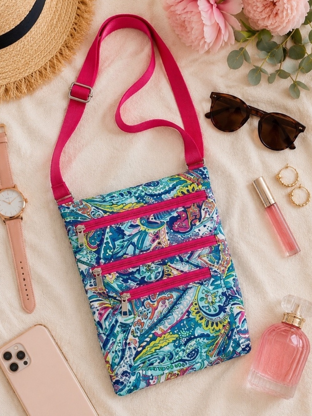 NEW Pink and Blue Paisley Nylon Multi Pocket Messenger/Crossbody Bag